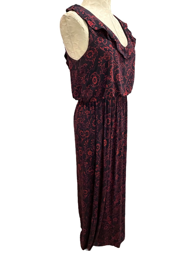Medium Loft Navy Blue Red Floral V-Neck Tie Back Maxi Dress Soft Knit