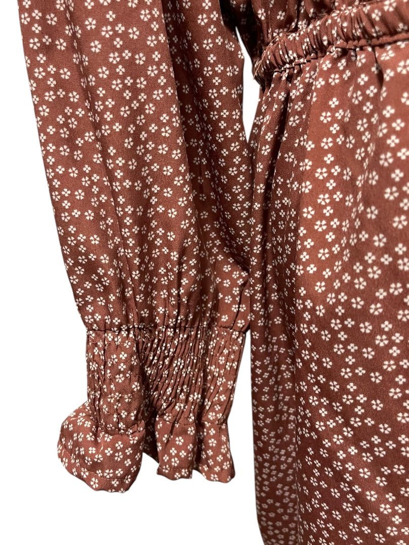 3X Indulge Floral Long Sleeve Tie Waist  Dress Brown Retro