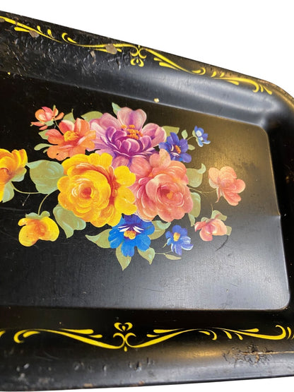 Set of 2 Vintage Toleware Small Metal Bar Trays 6.75" x 4.75" Floral Black