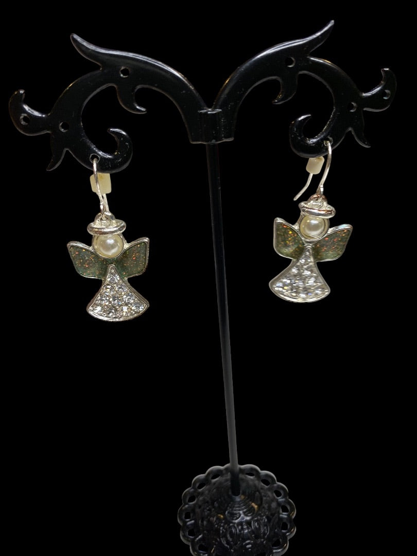 Angel Earrings Fishhook Pierced Silvertone 1.4" Drop Sparkly