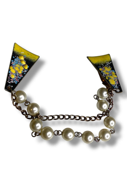 Vintage Enameled Sweater Clip Yellow Chain Abstract 7"