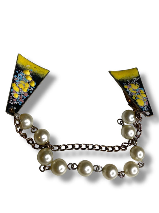 Vintage Enameled Sweater Clip Yellow Chain Abstract 7"