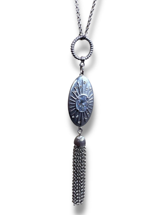 Silvertone Chain Necklace 30" Tassel Pendant Toggle Clasp