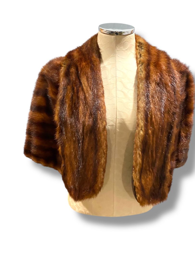 Vintage Brown Mink Fur Cape Shawl Bolero Stole Wrap Let-Out Pelts Striped Midcentury
