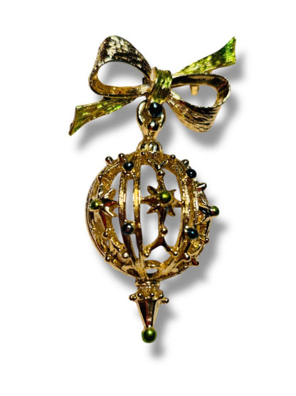 Vintage Goldtone Ornament Ball Brooch Pin 2.25" Green Blue