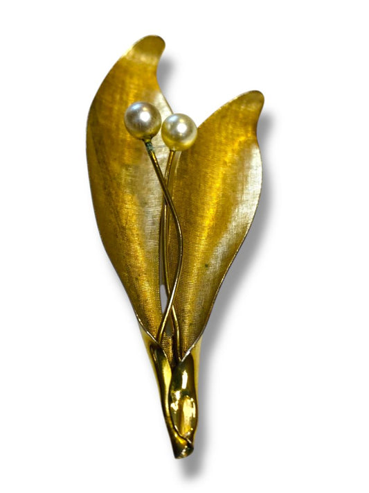 Vintage Signed Emmons Goldtone Faux Pearl Leaf Brooch 2.75"