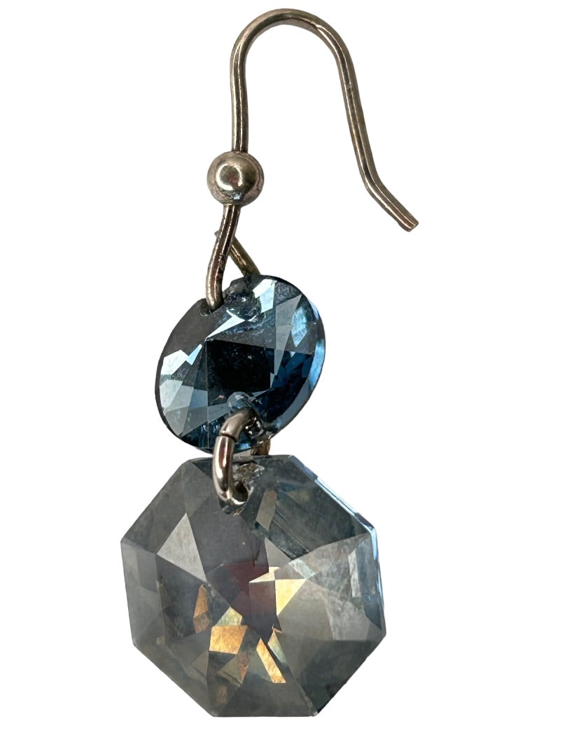 Crystal Blue Gray Beaded Earrings Hook Pierced 1" Drop Dangle