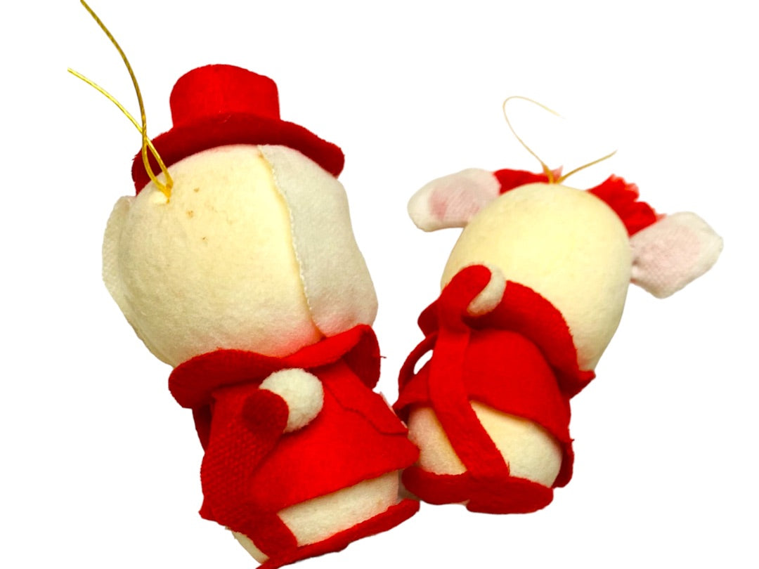 Midcentury Set of 2 Holiday Flocked Christmas Ornaments White Red Dog Mouse 3.5"h