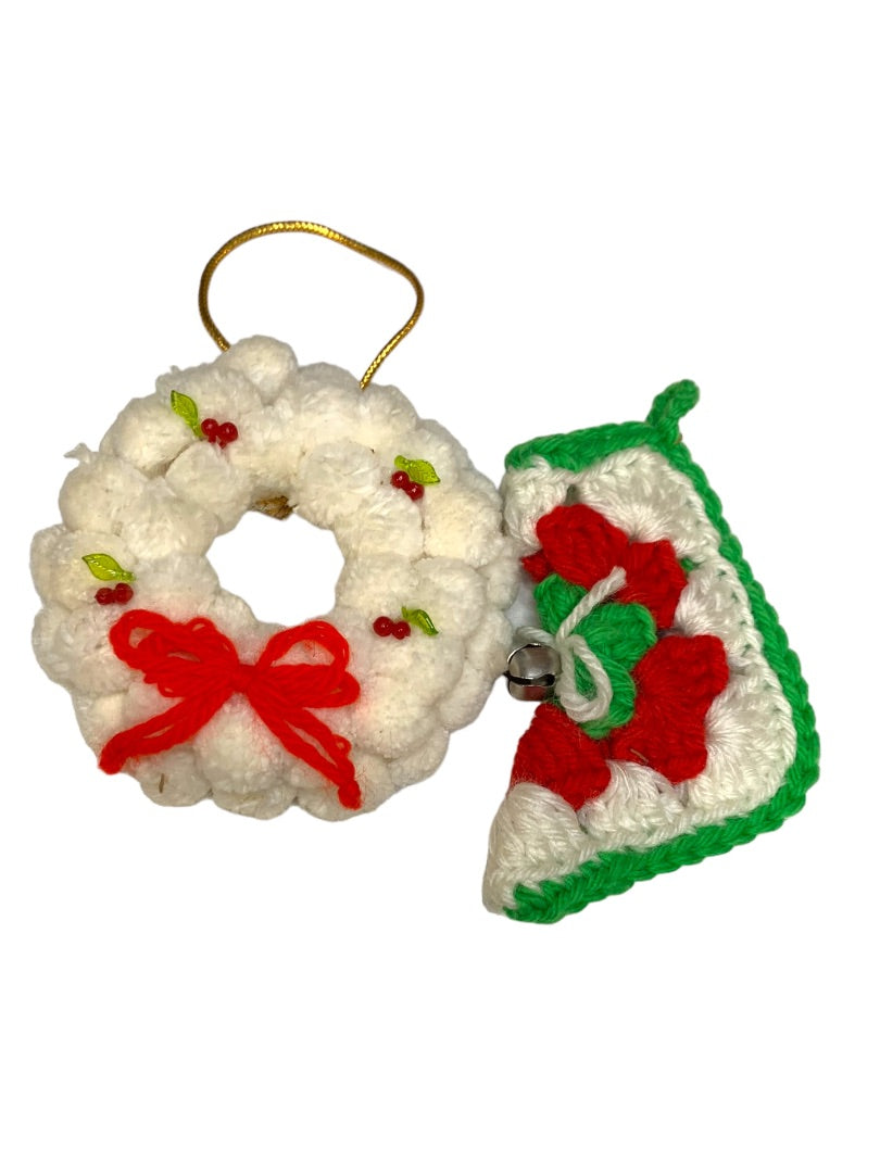 Set of 2 Vintage 1980s Handmade Christmas Holiday Ornaments Stocking Crochet Pom Pom Wreath