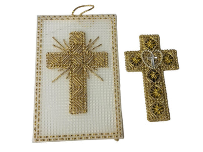 Handmade Vintage 1980s Plastic Cross Stitch Magnet and Wall Hanging White Gold Religous