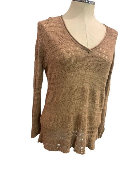 Large Joseph A. Womens Brown V-Neck Lightweight Knit Rayon Sweater Open Weave