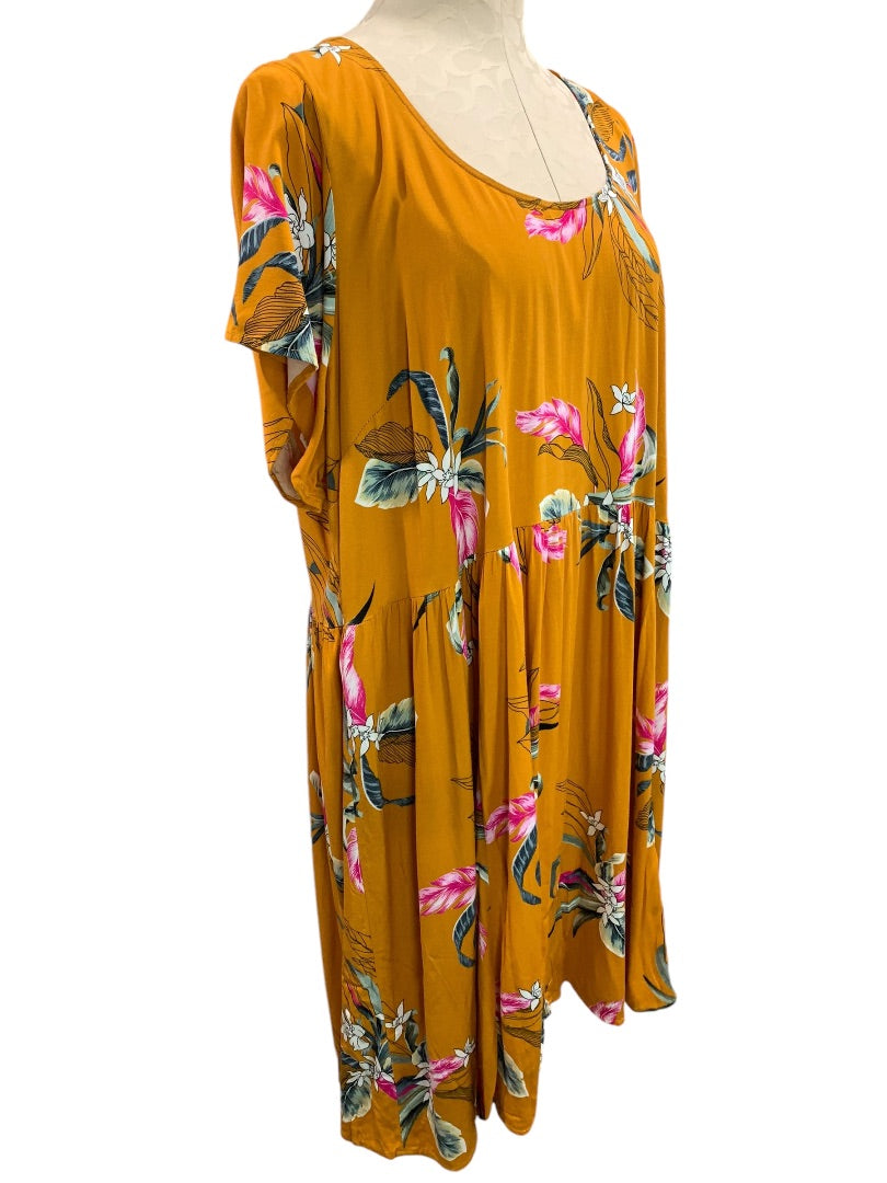 3X Torrid Gold Floral Boho Dress Lightweight Short Sleeve Stretch Rayon