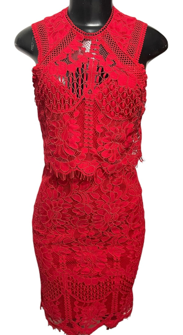 XS Lulus Sweetness Lace Crochet Overlay Sleeveless Fitted Midi Dress Back Zipper Red