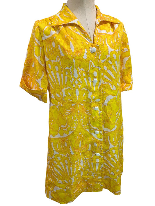 Medium House Dress Vintage 1960s Yellow Print Button Up Polyester