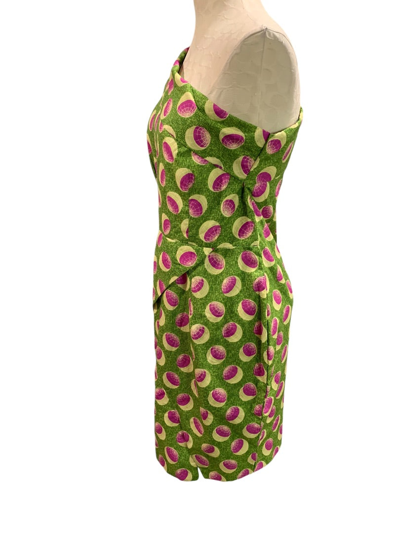 Medium Vintage 1960s One Shoulder Sheath Dress Green Pink