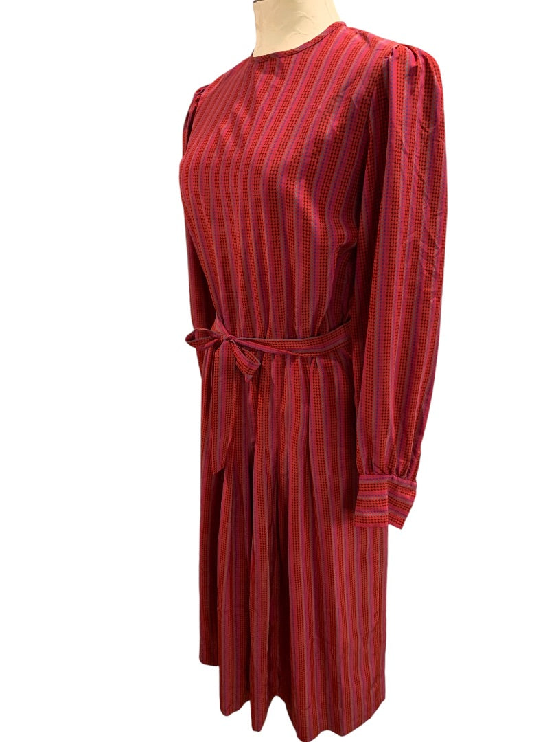 Medium Vintage 1970s Red Micro Print Midi Dress Belted Pleated Pockets