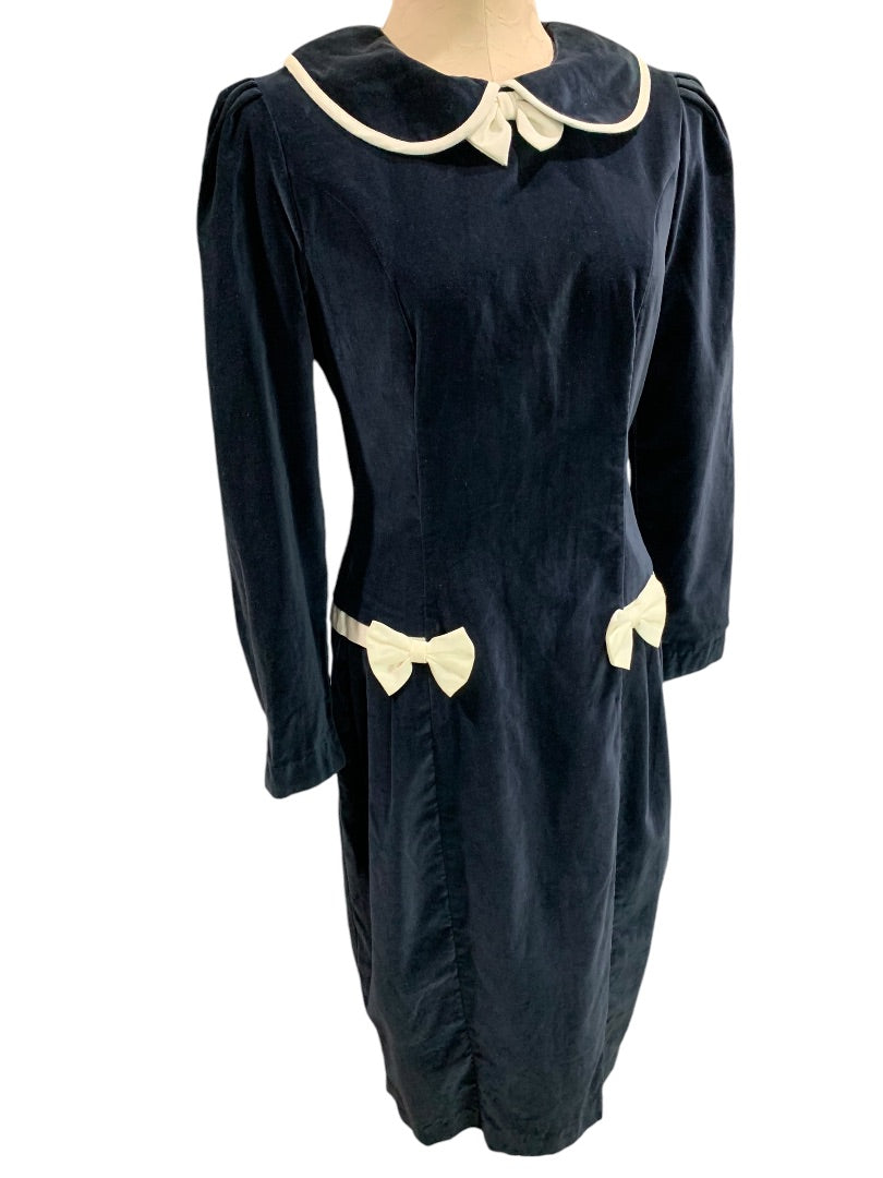 Medium Vintage 1960s Velvet Dress Navy Blue Ivory Box Trim