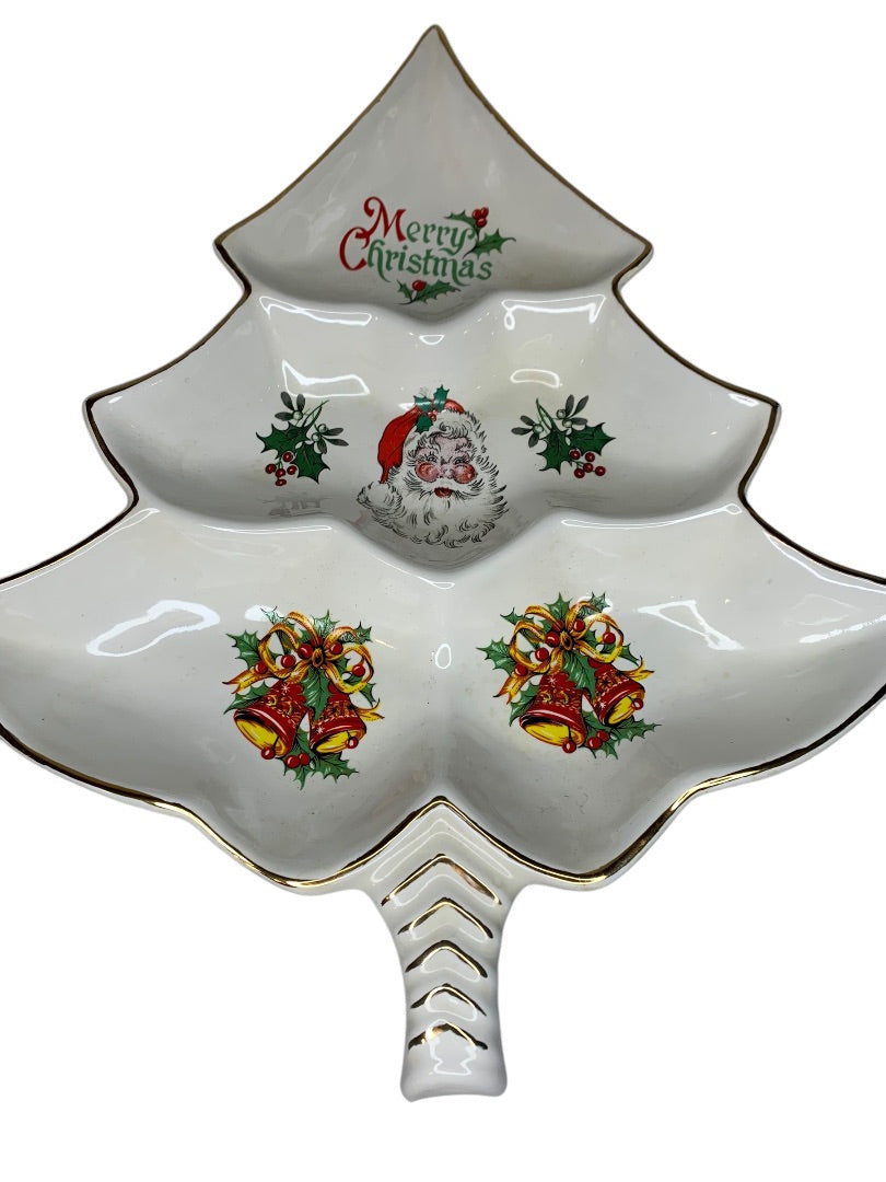 Vintage MCM Holiday Christmas Candy Nut Dish Santa Gold Trim 14 Inch