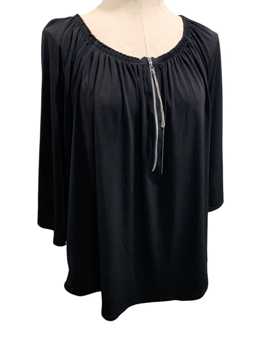 Large (16) Chicos Womens Black Shirt Off Shoulder Silver Tassel Zipper