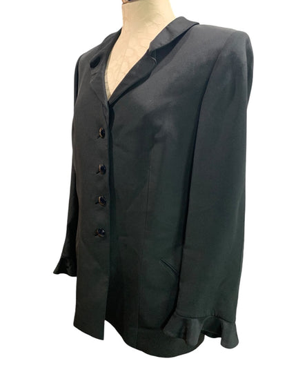 Size 14 Womens Lined Black Satin Jacket Blazer Ruffle Sleeve Hem