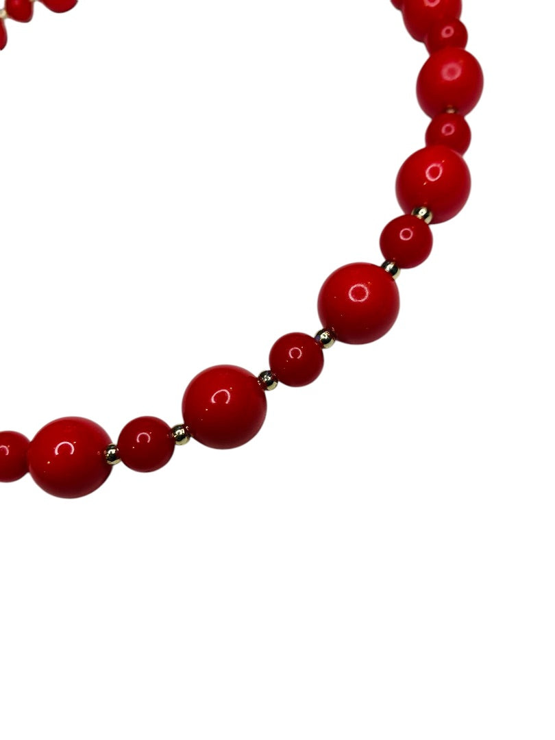 Vintage Beaded Necklace Red Acrylic Goldtone Spacers 18 Inch Spring Clasp