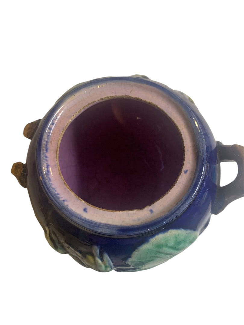 Foster Filbert Majolica Antique Sugar Bowl Lidded Damaged Cobalt Blue