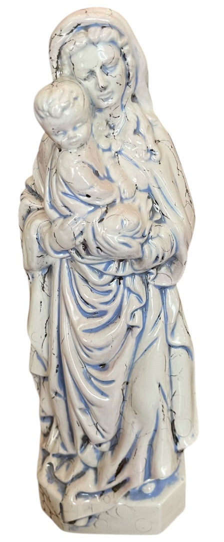 Vintage Madonna Baby Jesus Ceramic Figurine Artistic Glaze Blue Black 13.5 Inch