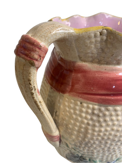 Majolica Pitcher Ribbon Pattern Antique 7.5 Inch Wildflower Ribbon