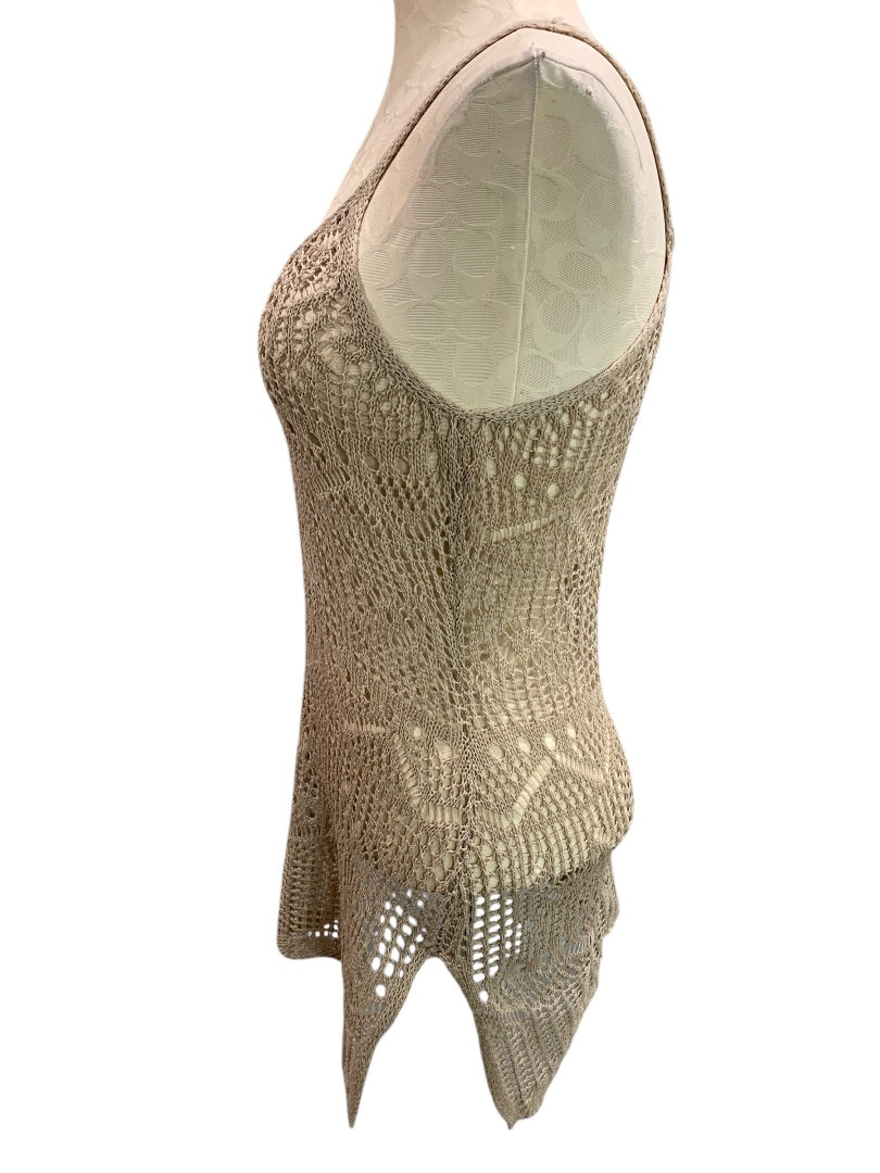 Small Womens Tan Crochet Open Weave Tank Sleeveless Shirt Boho Style