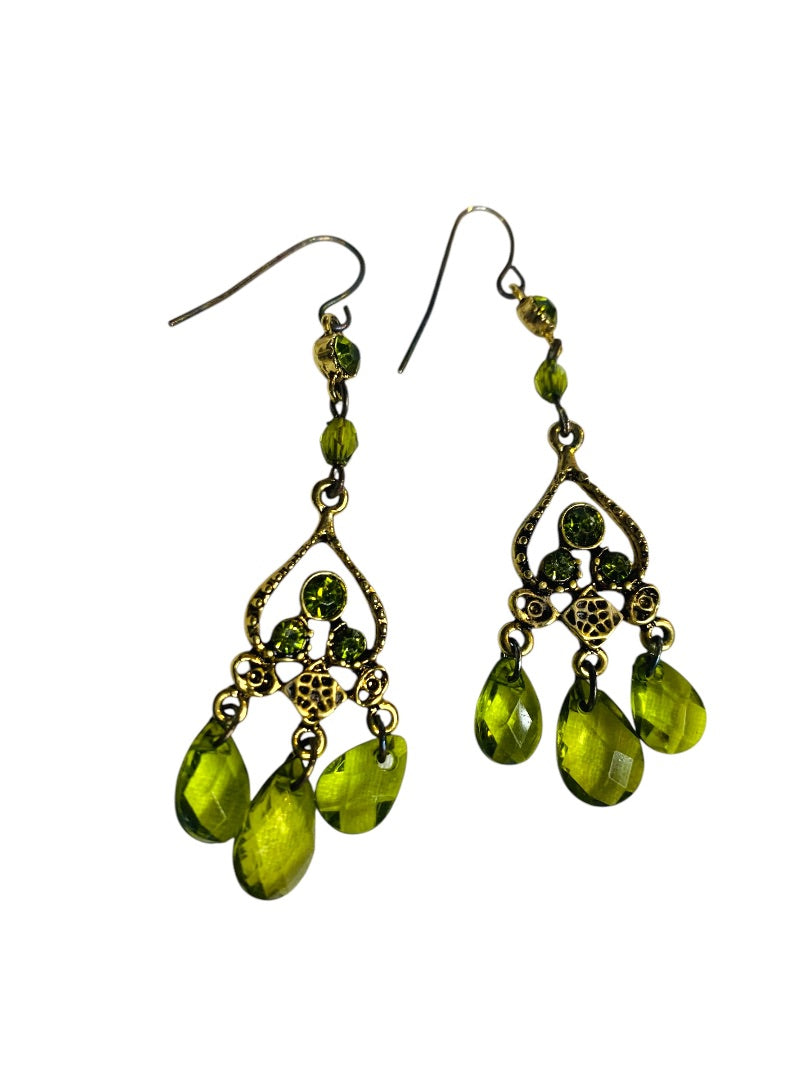 Goldtone and Green Beaded Earrings Hook Pierced 2.5" Drop