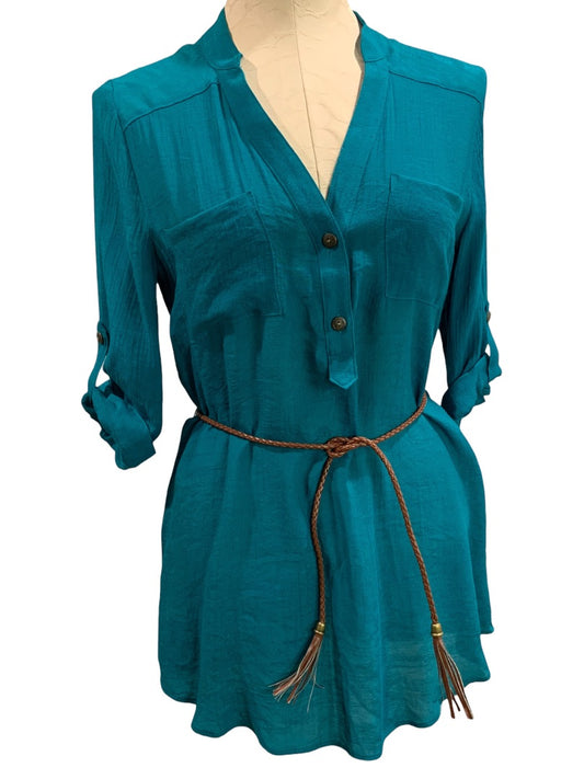 Medium A.Byer Womens New Teal Tunic Blouse Shirt Belted