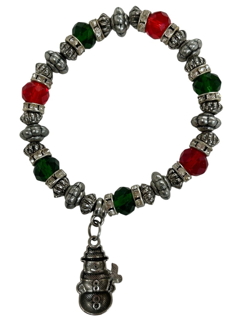 Stretch Silvertone Bracelet Snowman Charm Red Green Holiday
