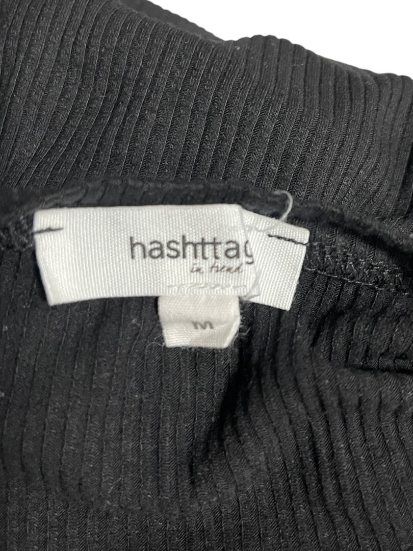 Medium Hashtag In Trend Short Sleeve Ribbed Womens Top Black