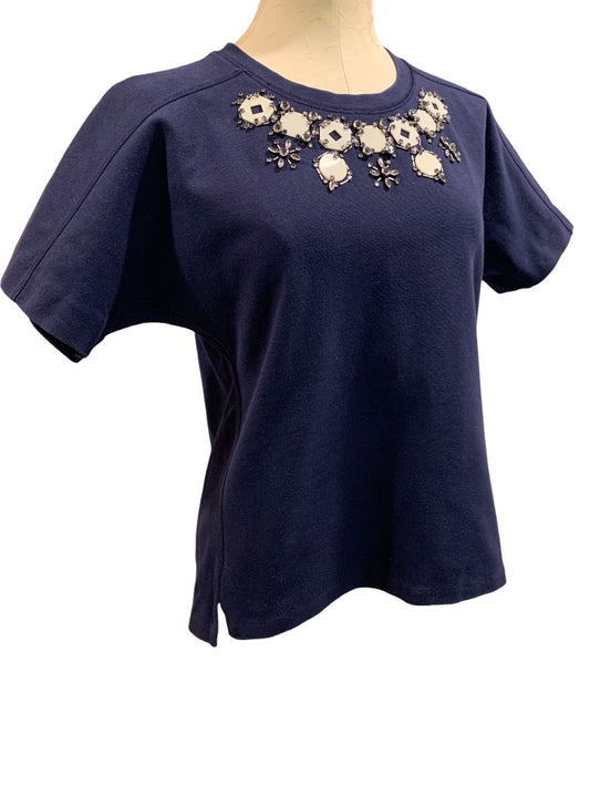 Small J.Crew Womens Navy Blue Ponte Knit Embellished Neckline Shirt