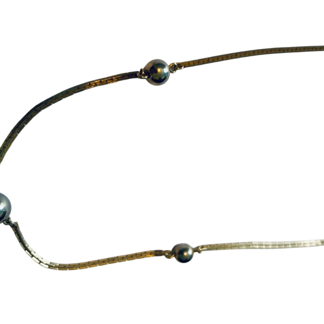 Vintage Signed 25 inch Avon Box Chain Necklace Goldtone with Silvertone Beads Spring Clasp