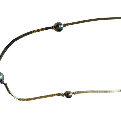 Vintage Signed 25 inch Avon Box Chain Necklace Goldtone with Silvertone Beads Spring Clasp