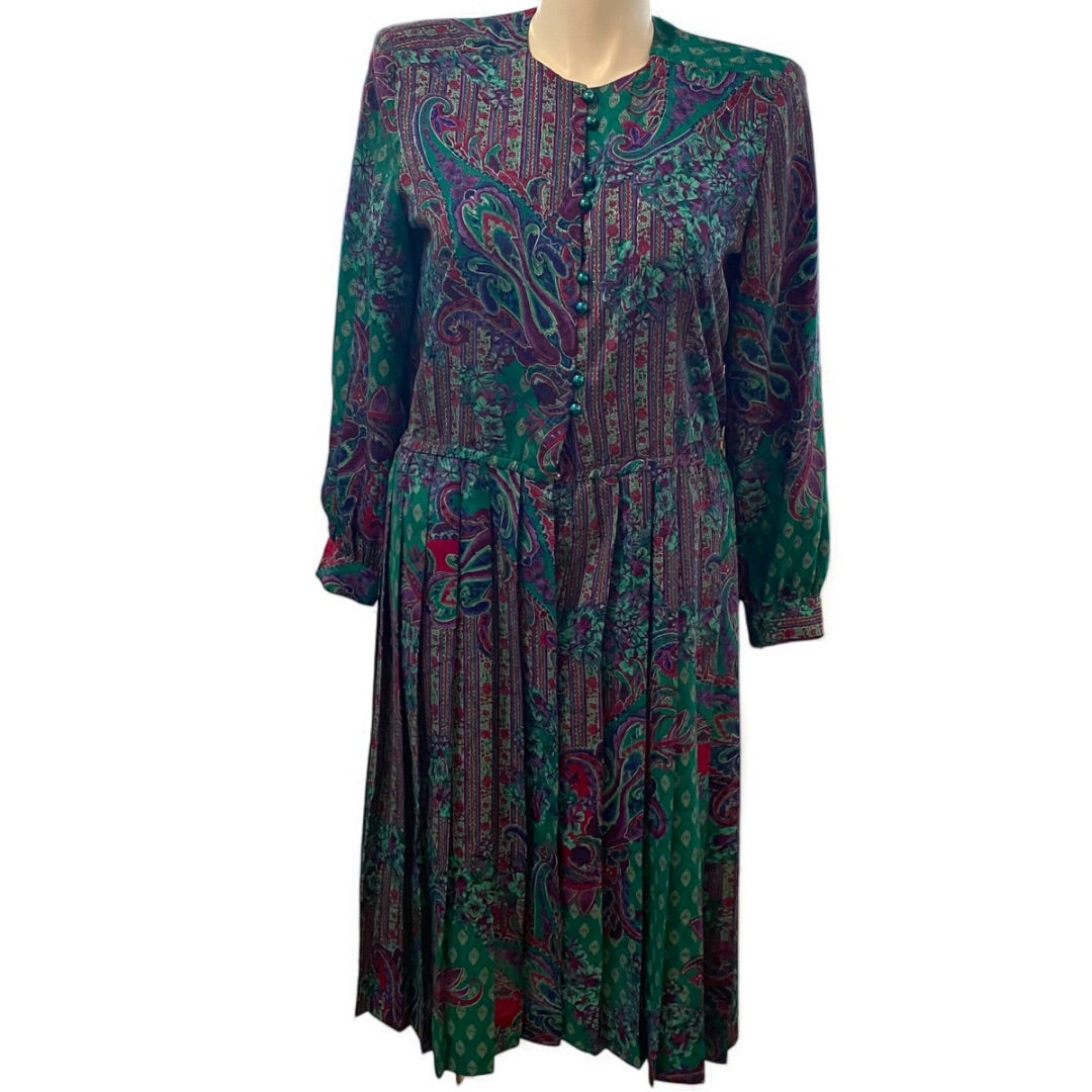 Size 14 Schrader Womens 1980s Polyester Dress Shoulder Pads Pleated Green Purple