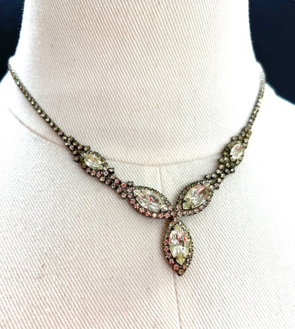 Vintage Rhinestone Necklace Silvertone 16 Inch Foldover Clasp 1.5" Drop