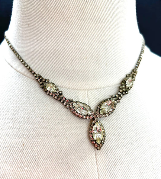 Vintage Rhinestone Necklace Silvertone 16 Inch Foldover Clasp 1.5" Drop