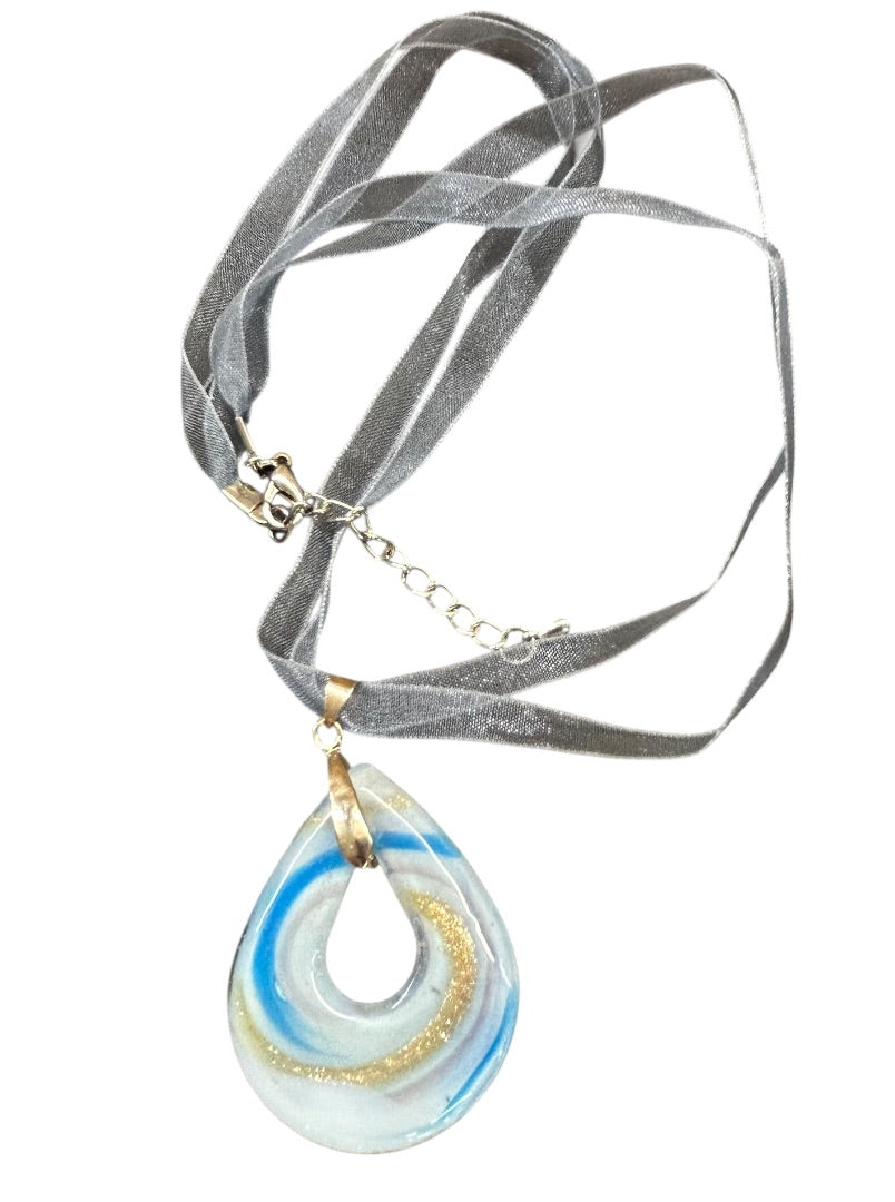 Ribbon and Glass Pendant Necklace Blue 18-20 Inch Lobster Clasp