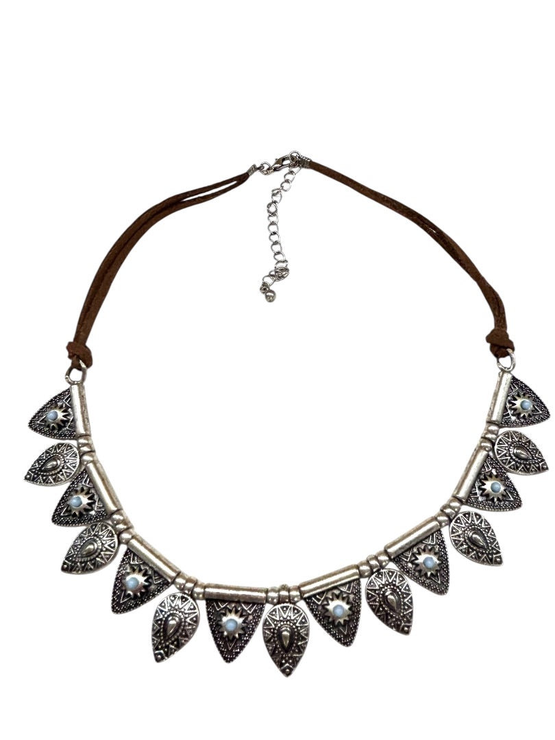 Cord and Metal Southwestern Style Necklace 15.5-18 Inch Silvertone Lobster Clasp