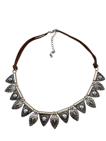 Cord and Metal Southwestern Style Necklace 15.5-18 Inch Silvertone Lobster Clasp