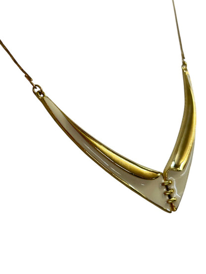 1980s Retro Goldtone Enameled Necklace V-Neck 17 Inch 8-9" Drop