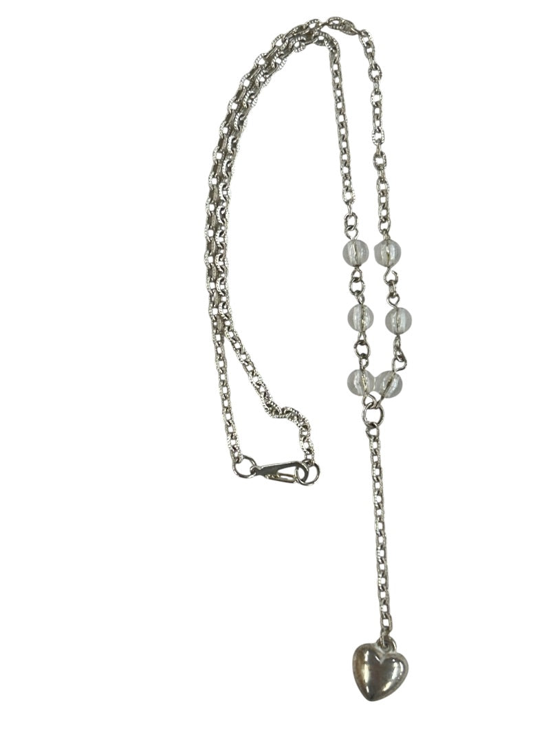 Silvertone 16 Inch Necklace 2" Drop Heart Crystals Lobster Clasp