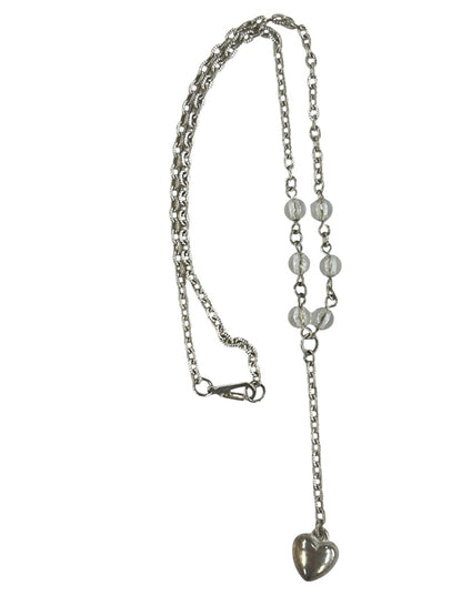 Silvertone 16 Inch Necklace 2" Drop Heart Crystals Lobster Clasp