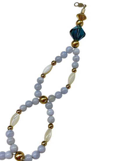 Blue Goldtone Shaped Beaded Bracelet 8.5 Inch Spring Clasp