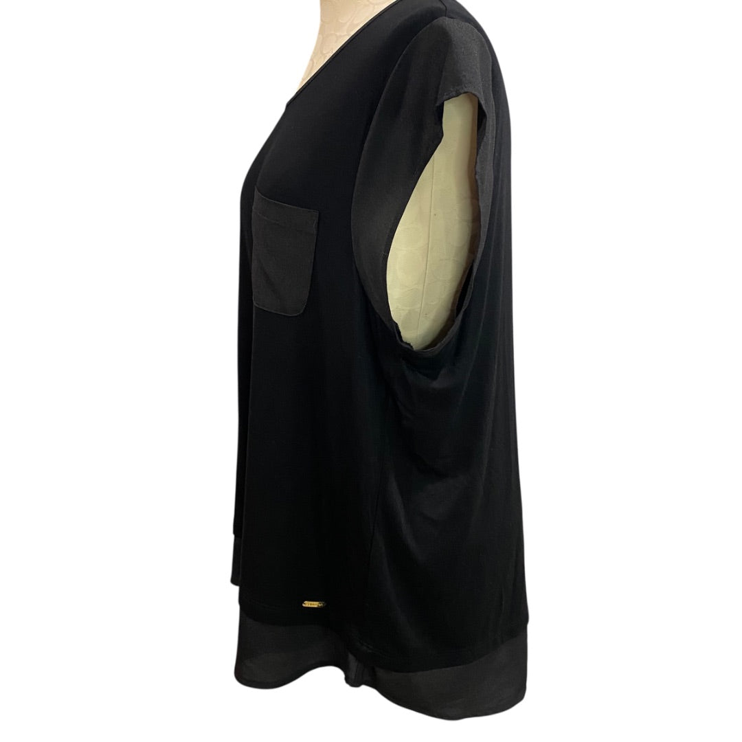 Large Calvin Klein Womens Black Tshirt Chiffon Trim Cap Sleeve