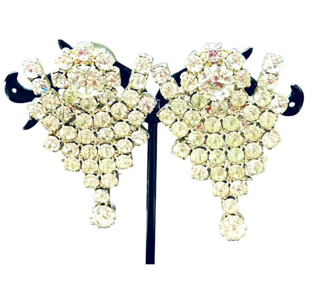 Vintage Rhinestone Pierced Post Earrings  2 Inch Drop No Movement