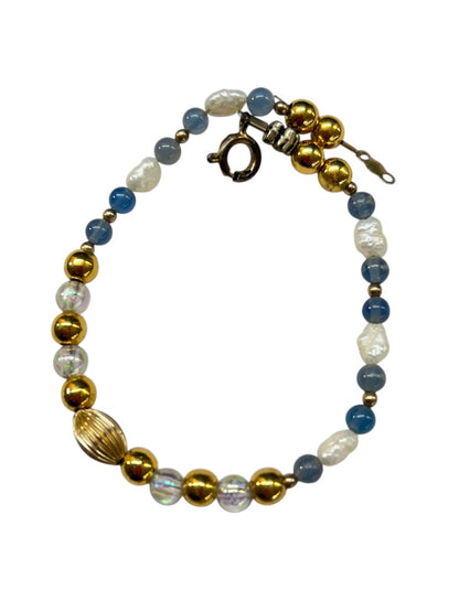 Goldtone White Blue Beaded Bracelet 7.25 Inch Spring Clasp