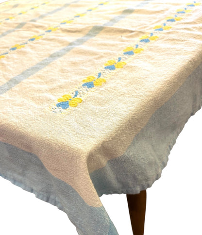 Vintage Tablecloth Linen Blue Yellow Embroidered 48 x 66 Inch Table Linen